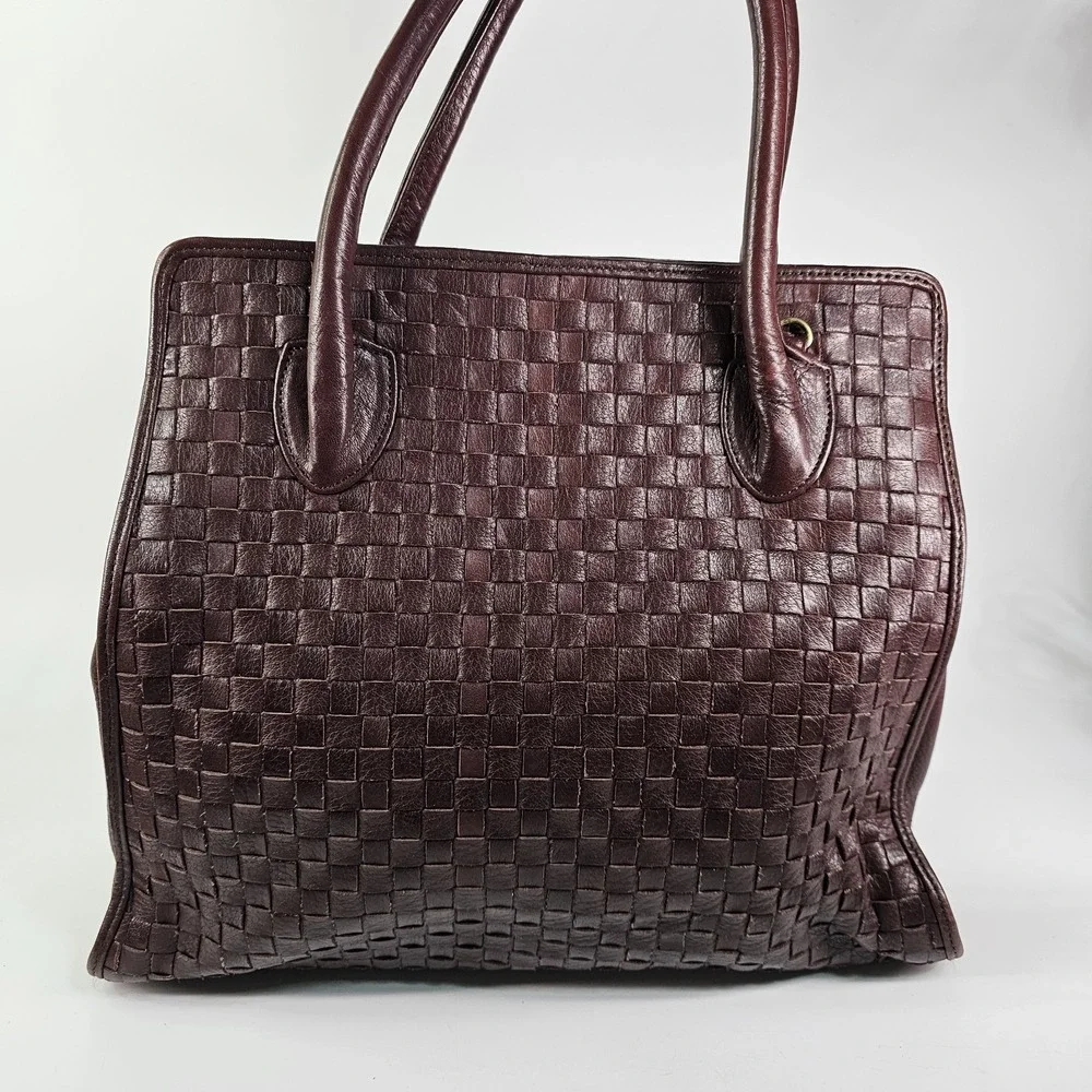 Vtg Monet Woven Leather Tote Shoulder Bag Intrecciato Burgundy Maroon Satchel